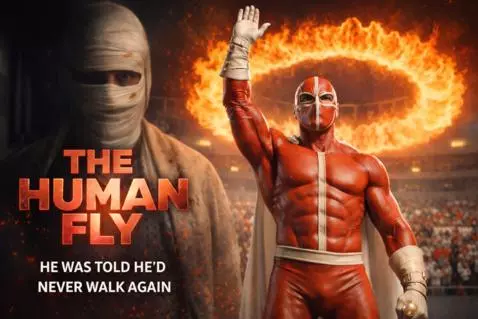 The Human Fly, a man with severe burns and skeletal damage, recovering and performing motorcycle stunts.