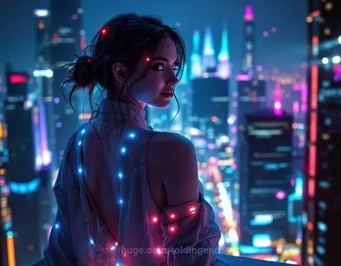 Futuristic woman with glowing fiber optics on her back sits on a rooftop overlooking a neon-drenched sci-fi metropolis at night.