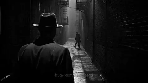 Black and white film noir scene: detective in shadows, gunfight in a dark, rainy alley.