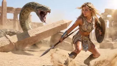 Female warrior with spear and shield fighting a giant snake in a desert with ancient ruins.
