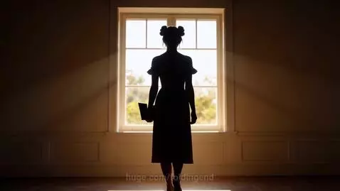 Woman with hair in buns, wearing a cream dress, reading a book by a sunlit window overlooking a green landscape.