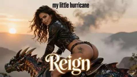 Woman in black leather and lace fighting aliens and riding a dragon in a sci-fi music video.