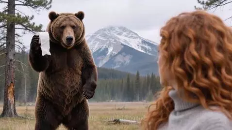 Woman surprised as a bear holding toilet paper appears in a snowy mountain meadow.