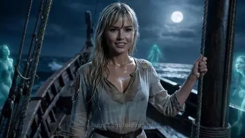 Woman with glowing hands on a boat, surrounded by ethereal sirens in a stormy sea under a full moon.