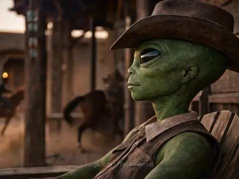 Green alien wearing a cowboy hat and vest, smoking a cigar on a porch while cowboys fight in the background.