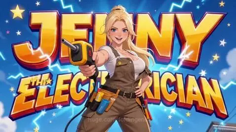 Animated woman Jenny in overalls standing on a ladder, holding a lightbulb, with a ceiling fan above.