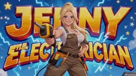 Cartoon electrician Jenny fixing a circuit breaker and installing a motion sensor.