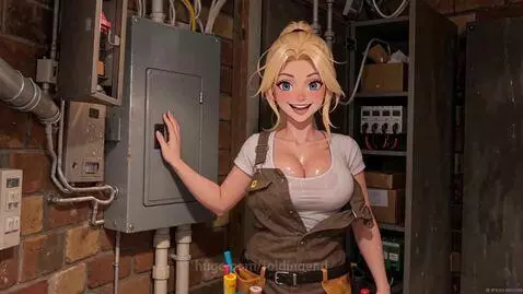 Cartoon electrician Jenny fixing a circuit breaker and installing a motion sensor.