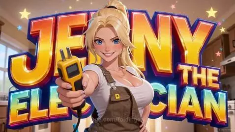 Animated electrician Jenny in overalls and tool belt, looking surprised in a dark room after flipping a breaker.