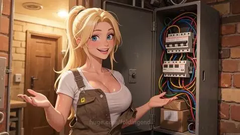 Animated electrician Jenny in overalls and tool belt, looking surprised in a dark room after flipping a breaker.