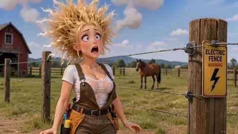 Animated electrician Jenny in overalls gets a cartoon electric shock from a fence, her hair standing on end.