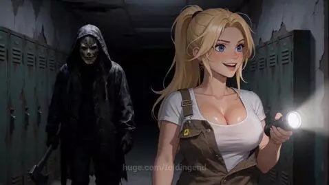 Animated electrician Jenny in overalls, covered in water, facing a dark hallway with a slasher figure.
