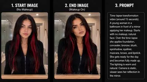 Young woman applying makeup in a bathroom mirror during a time-lapse video.