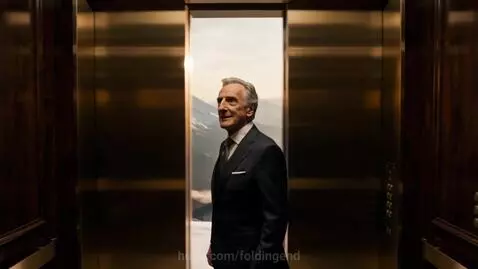 Elderly man in a suit looking shocked as elevator doors open to reveal the blazing surface of the sun.