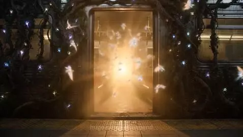 Subway train with glowing lights and vines arriving at a dark station, revealing an angelic figure inside.