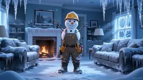 Animated Jenny the Electrician, dressed in overalls, is shown as a snowman next to a thermostat, and later uncoiling an extension cord.