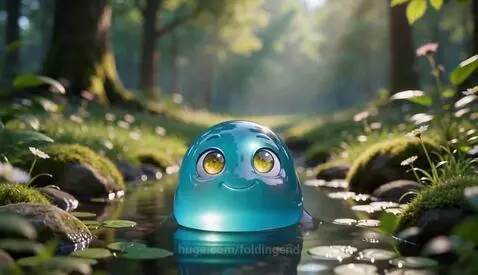 A cute, translucent blue slime creature with large yellow eyes transforms into a small humanoid figure in a forest stream.