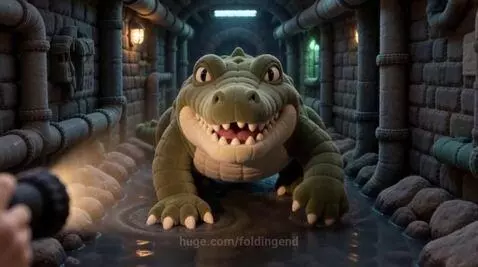 Woman in a sewer tunnel holding a flashlight, startled by a smiling cartoon alligator emerging from the water.