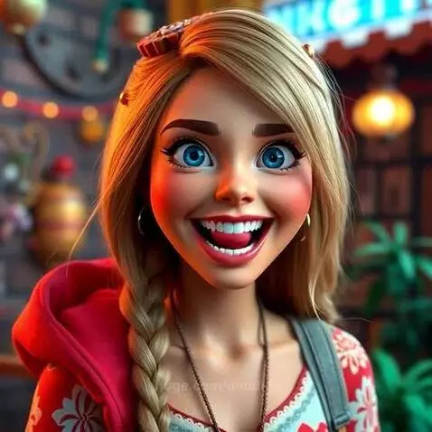 Animated blonde woman named Tanya wearing a red hoodie, smiling and describing her love for lounging on the couch.