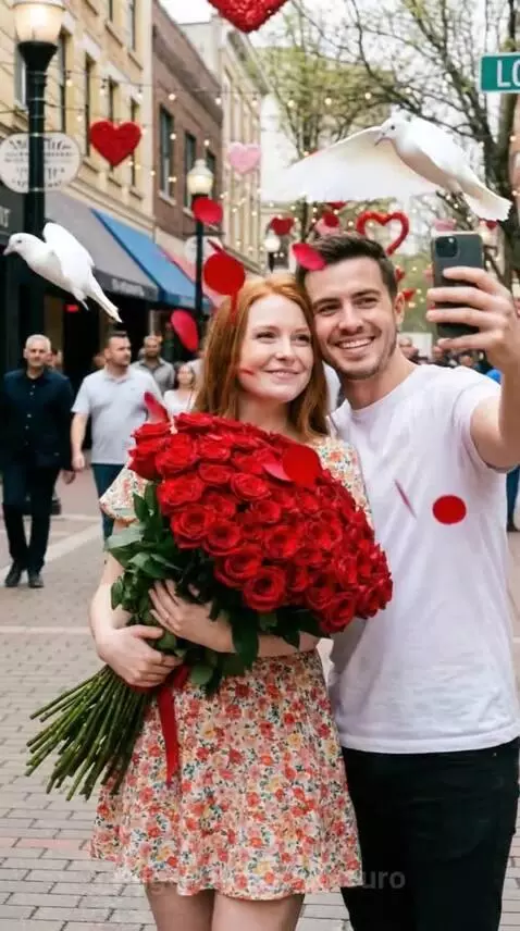Couple celebrating Valentine's Day with roses and a waterfall backdrop.