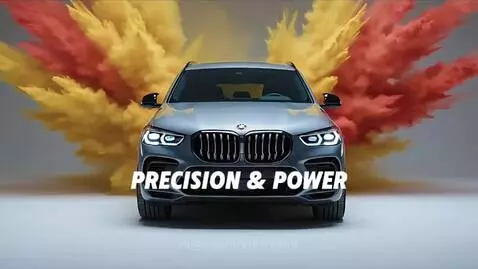 Sleek grey BMW X5 M performing a drift with vibrant red and yellow powder exploding around it in a studio.