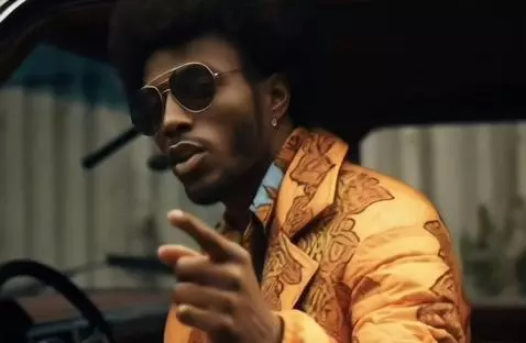 Group of stylish individuals posing in colorful, patterned suits and puffer jackets with unique sunglasses.