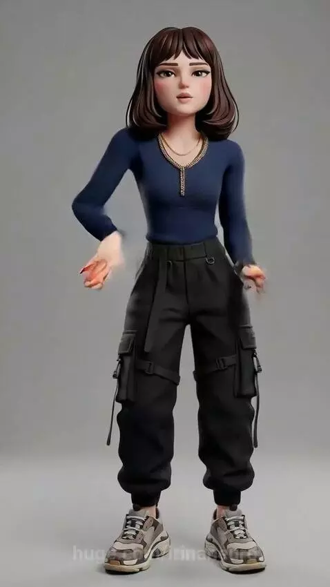 3D animated female character with brown hair dancing in a dark blue top and black cargo pants on a grey background.