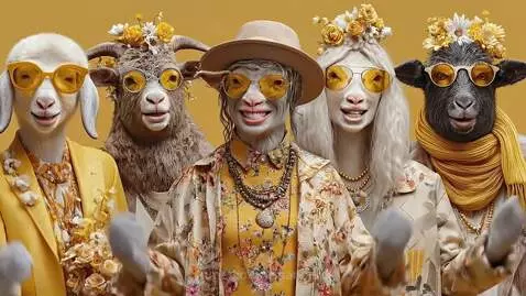 Five anthropomorphic sheep in yellow outfits, sunglasses, and flower crowns holding Easter eggs against a yellow background.