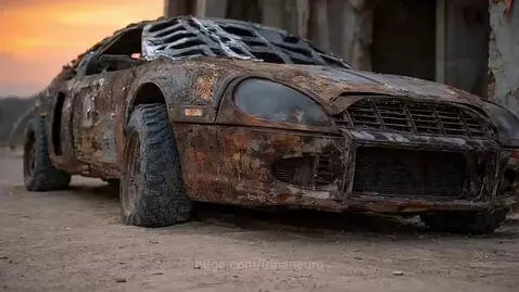 Rust-covered classic Dodge Charger with supercharger, large tires, and roll cage, performing drifts in an industrial setting at sunset.