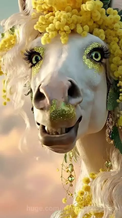 Fantastical white horse-like creature with mimosa flowers transforms into a smiling human face offering citrus gum.