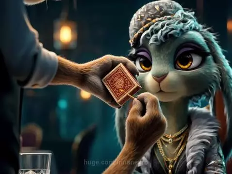 Two anthropomorphic rabbits on a romantic tea date in a steampunk restaurant, with the male rabbit serving tea.