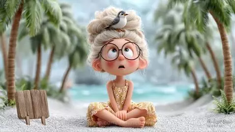 Animated character meditating on a beach, with a bird on her head and a wave nearby.
