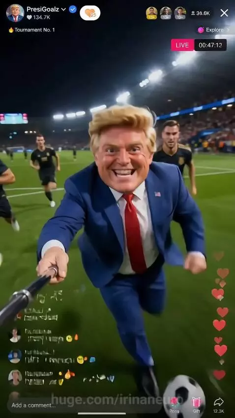 AI-generated Donald Trump caricature in a blue suit kicking a football on a field with confetti.
