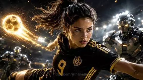 Female footballer in black and yellow uniform kicks a glowing soccer ball towards robotic opponents in a stadium.