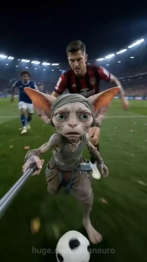 CGI goblin creature playing football in a stadium, holding a selfie stick and dribbling a ball.