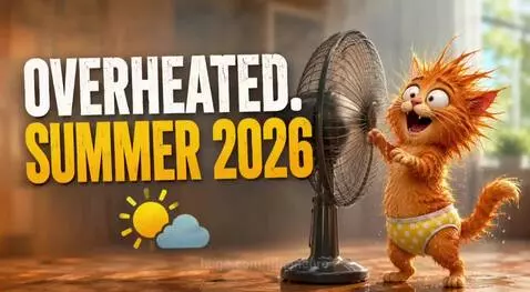 Animated orange cat with spiky fur dancing playfully in front of a large fan, fur blowing in the breeze.