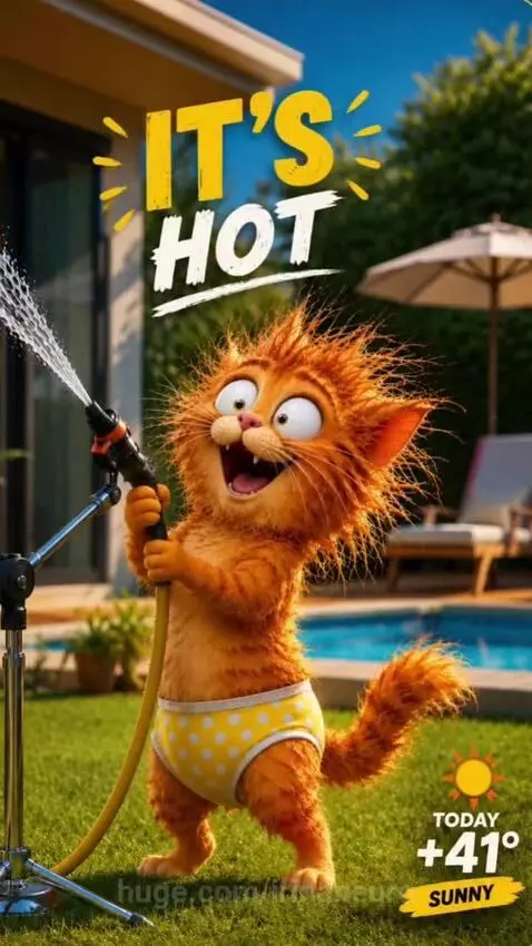 Animated ginger cat wearing yellow polka-dot underwear happily spraying water from a garden hose in a sunny backyard.