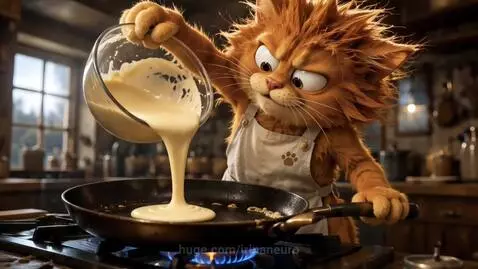 Animated ginger cat chef looking shocked as a pancake flies out of a pan and transforms into a glowing object in the sky.