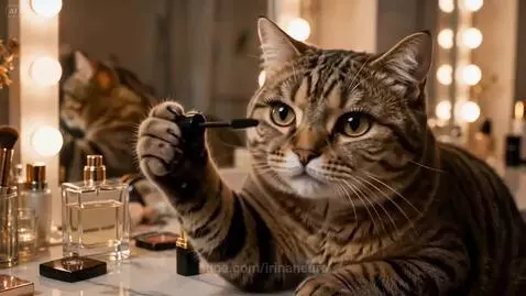 Tabby cat sitting at a vanity table applying mascara and lipstick, with a mirror reflection.