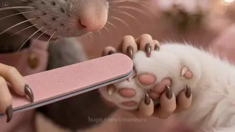 A fluffy white cat sits in a pink chair while a rat in an apron files its claws at the Cat's Claws nail salon.