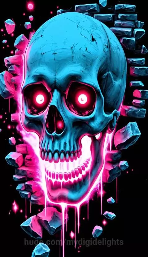 Stylized blue and cyan skull with glowing red eyes breaking through a dark brick wall with neon light effects.