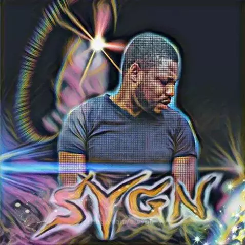 Artistic portrait of a man with dark skin, abstract colorful background with cosmic elements, and glowing "SYGN" text.