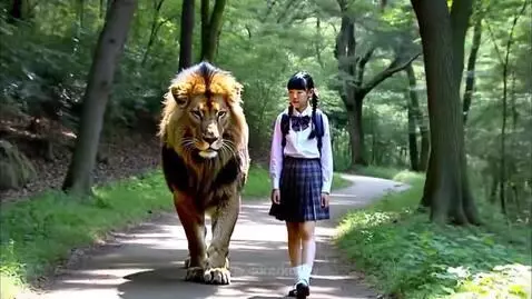 A girl from school escorted by a lion by kobby
