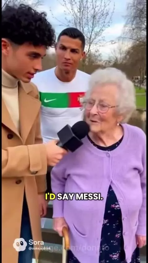 Elderly woman interviewed on a bridge, a man resembling Ronaldo stands behind her.