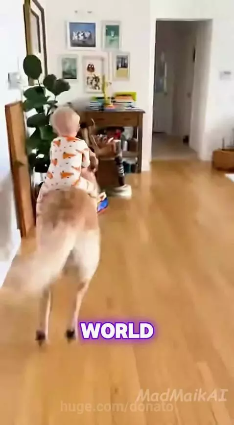 Baby wearing carrot pajamas smiling while riding on the back of a golden retriever dog.