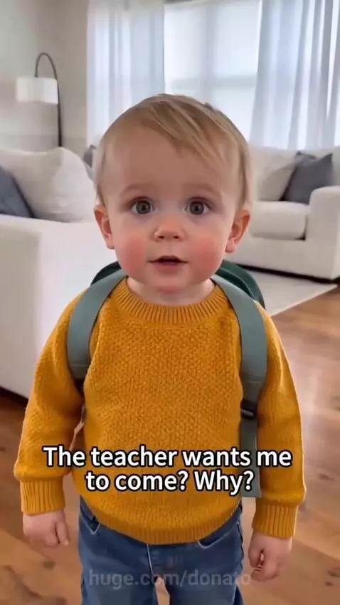 Toddler in yellow sweater and backpack smiles, explaining why the teacher wants to meet their mom.