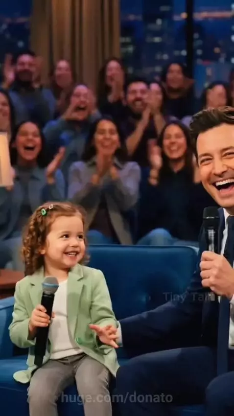 Jimmy Fallon interviewing a confident young girl with curly hair on a talk show set.