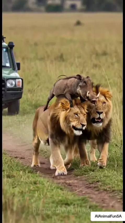 A warthog piglet sits on the back of a walking lion in a grassy savanna, with a safari vehicle in the background.