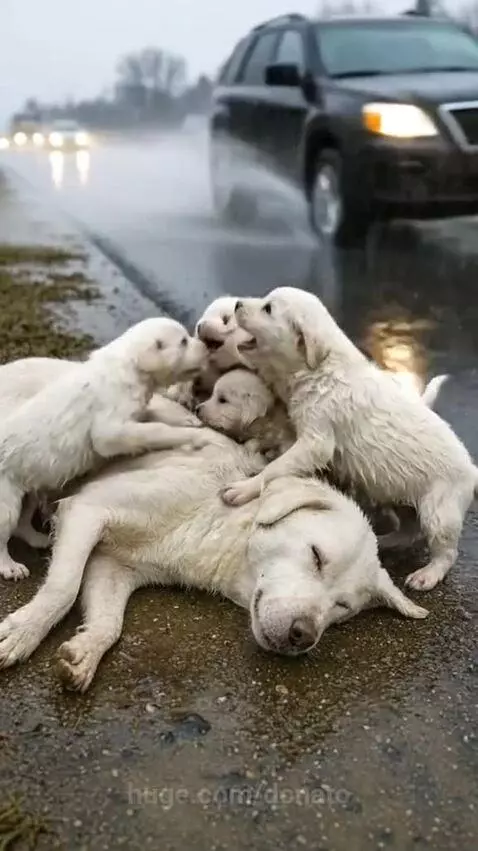 Mother dog and puppies huddled together, then safe and eating in a truck and indoors.