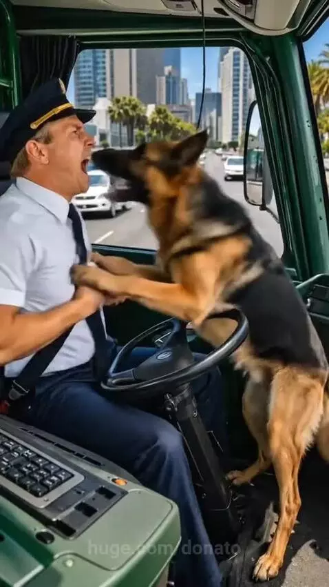 A German Shepherd dog being petted by a bus driver and men after a dramatic bomb disposal incident.